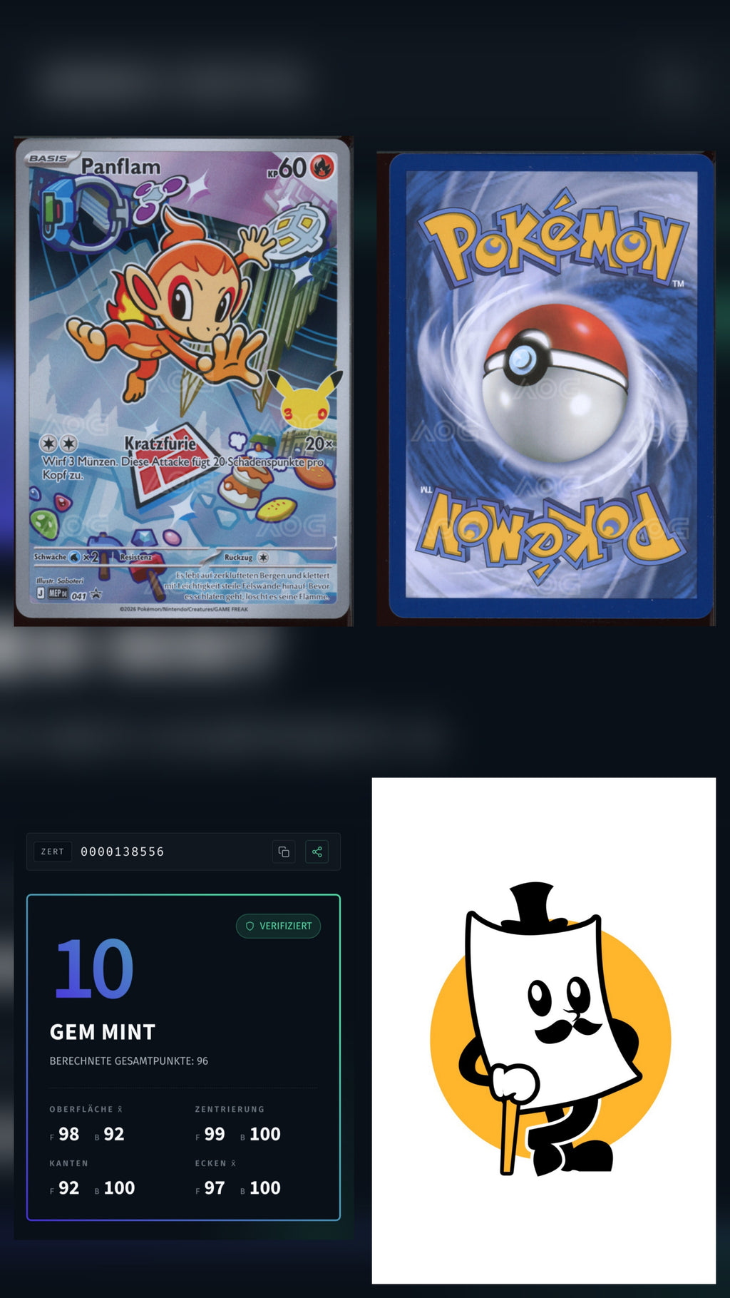 Ersten Partner Serie 1 Sinnoh Starters Plinfa, Panflam & Chelast AOG 10 DE Nr. Grading Konsekutiv
