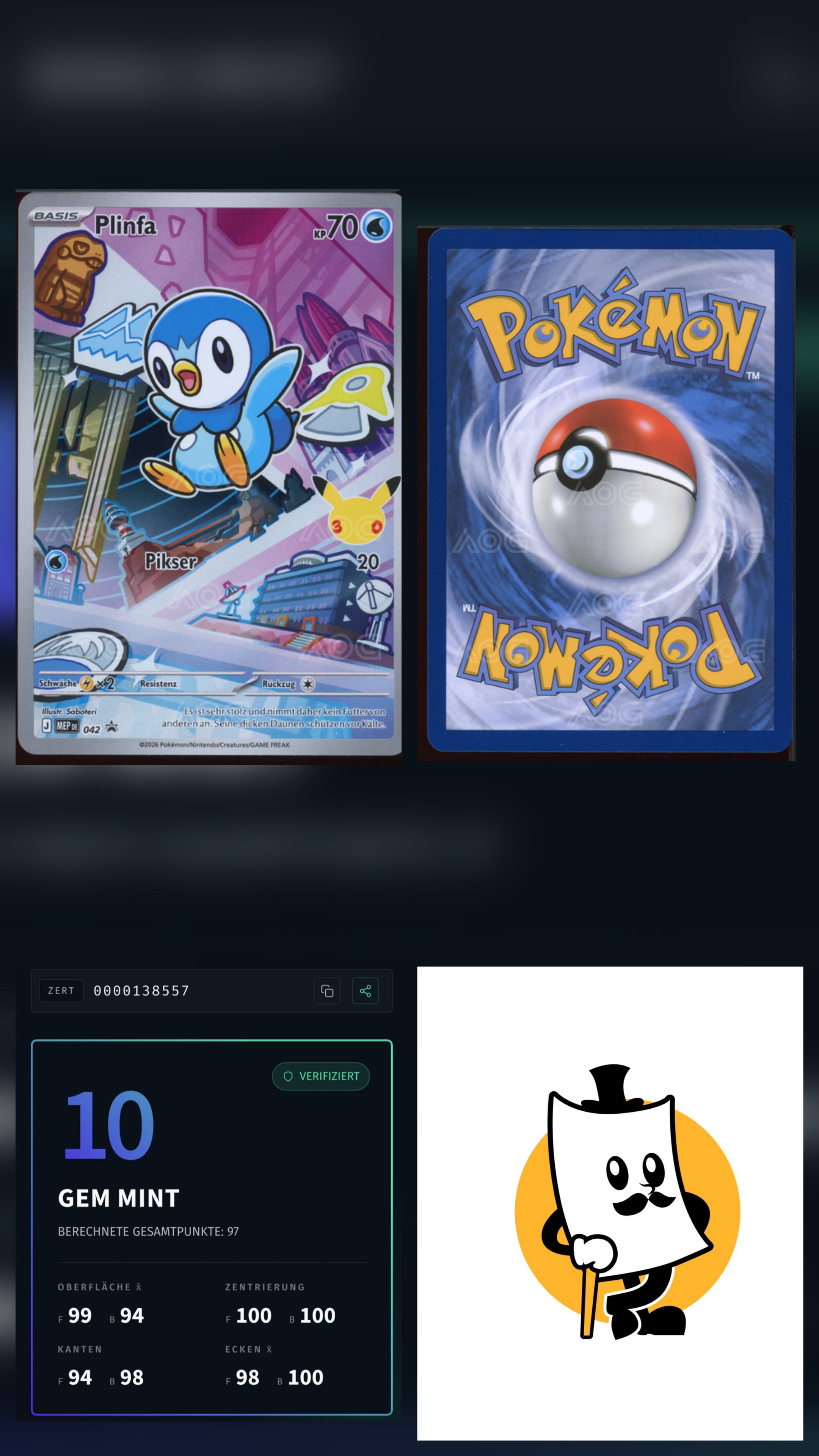 Ersten Partner Serie 1 Sinnoh Starters Plinfa, Panflam & Chelast AOG 10 DE Nr. Grading Konsekutiv